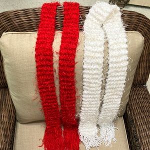 2 for 1, set. Handknit scarves. White66”, Red 71”. Both freshly made, never worn
